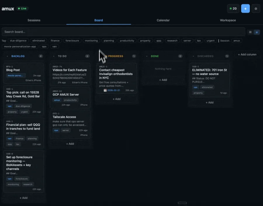 amux control-plane dashboard showing parallel agent sessions on a board